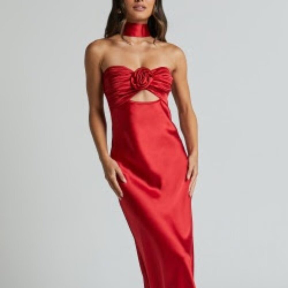 Cady Maxi Dress - Ruched Bust Rosette Detail Satin Dress in Red